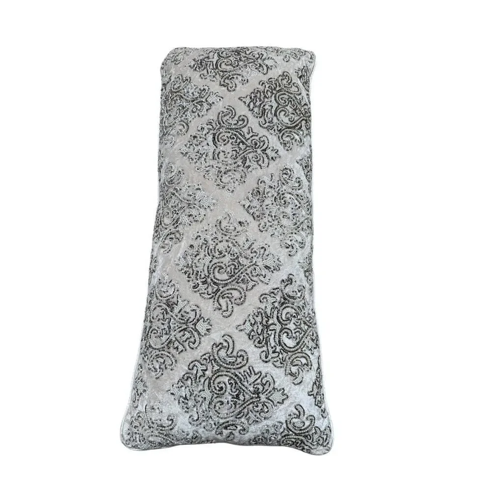Cream Silver Velvet Sparkly Beaded Oversized Lumbar Rectangular Throw Pillow